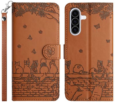 BookCover Hoes Etui geschikt voor Samsung Galaxy A57 - Bruin - Katten op Muurtje - Reliëf