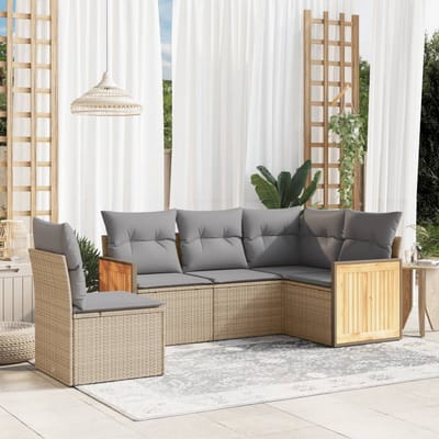 vidaXL - 5-delige - Loungeset - met - kussens - poly - rattan - beige