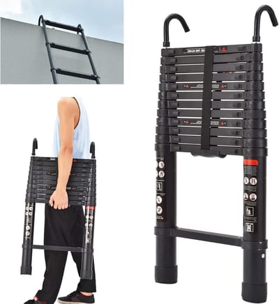 TIM® Huishoudtrap 12 Treden - Keukentrapje Basic Opvouwbaar – Keukentrap Met Balanceerstang – Telescopische Trapladder - Opstapje – Uittrekbare Vouwladder – Ladders – Keukentrap - Zwart - 49 cm x 13 cm x 380 cm