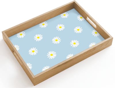 Dienblad hout 40x30 cm - Schootdienblad - Madeliefjes - Pastel - Wit - Blauw - Bloemen - Borrelplank rechthoek - Plateau dienbladen