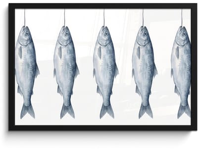 Poster in lijst - Fotolijst 60x40 cm - Posters - Vissen - Illustratie - Delfts - Blauw - Posterlijst zwart - Decoratie - Wanddecoratie woonkamer - Muurdecoratie slaapkamer