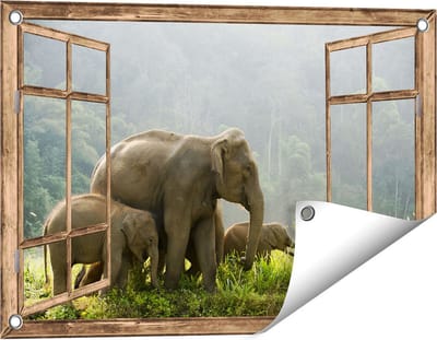 Gards Tuinposter Doorkijk Olifanten Familie in de Jungle - Olifant - 60x40 cm - Tuindoek - Tuindecoratie - Wanddecoratie buiten - Tuinschilderij