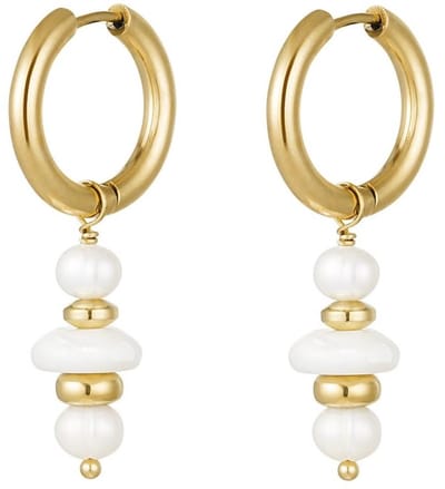Joy Ibiza - Parel oorbellen - witte parels bedel oorringen - klap scharnier sluiting - ear party boho - bohemian style - stainless steel - ip/pvd goldplated