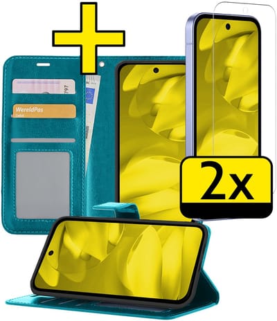 Hoesje - Met 2x Screenprotector - Geschikt voor Google Pixel 9a - Luxe Pasjeshouder - Bookcase Portemonee - Flip Case - Kunstleer Book Case - Flipcase Hoes - Book Cover - Walletcase - Portemonneehoes - Telefoonhoesjes - Turquoise