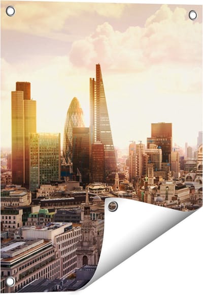 Gards Tuinposter Londen bij Zonsondergang in een Moderne Wijk - 40x50 cm - Tuindoek - Tuindecoratie - Wanddecoratie buiten - Tuinschilderij