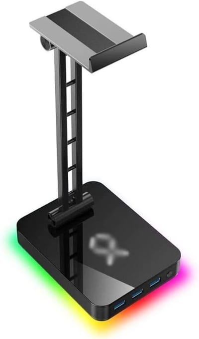 Hoofdtelefoonhouder - Koptelefoonstandaard - Bureau Organisatie - RGB Verlichting - Drie USB Poorten - Blauw