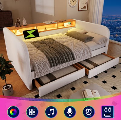 FloraGrace Bedbank 140x190 cm - Met LED, USB En USB-C - Met 2 Lades En Opberghoofdbord - Zonder Matras - Linnen - Hellbeige