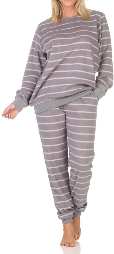 Normann fleece damespyjama met lange mouwen en manchetten in coole look