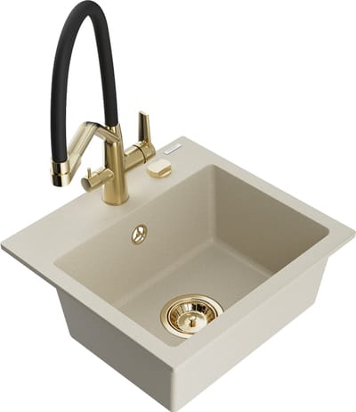Mexen Milo granieten gootsteen 1-kompartment met keukenmengkraan Duo, beige - 6505-69-671701-57-G
