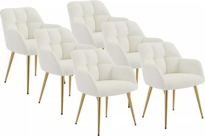 Vente-unique Set van 6 stoelen met armleuningen - Boucléstof en goudkleurig metaal - Wit - PEGA