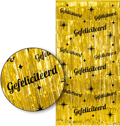 LUQ – Gefeliciteerd Franjes Gordijn – Goud & Zwart Tinsel Curtain 2x1 m – Luxe feestdecoratie voor feestje/party.