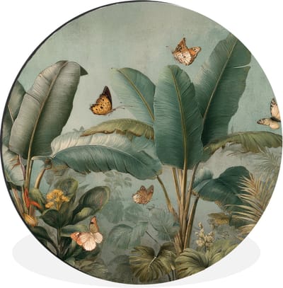 WallCircle - Wandcirkel - Muurcirkel - Tropisch bladerdek - Vlinders - groen - Bruin - Aluminium - Dibond - 30x30 cm - Binnen en Buiten