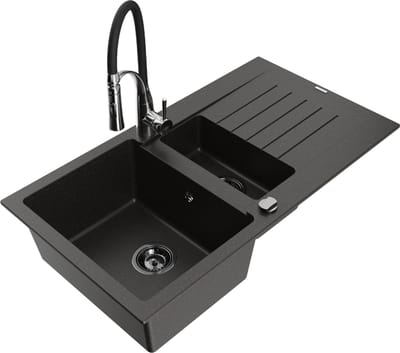 Mexen Matias granieten gootsteen 1,5-komor met afdruiprek en keukenmengkraan Aster, zwart/goud metallic - 6502-75-73450-07-B