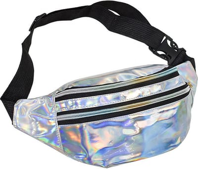 KIMU® Heuptas Holografisch Zilver Ritsen - Fanny Pack Met Drie Vakken - Zwarte Band - Tasje Heuptasje Festival