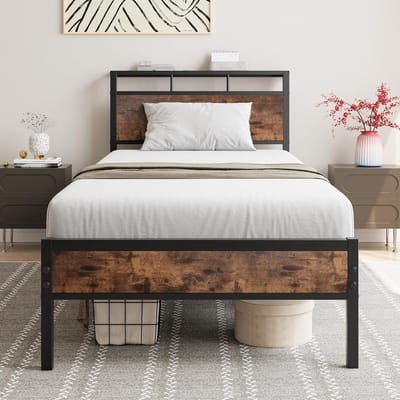 Eenpersoonsbed 90x200 cm met Houten Hoofdbord en Lattenbodem, Zwart