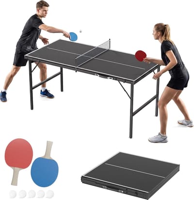 ACXIN Inklapbare Mini Tafeltennistafel 152.5x76 cm - 12mm MDF Blad - Metalen Frame - Complete Pingpong Set met 2 Bats, 5 Ballen, Net en Tas - Compact, Draagbaar, Indoor & Overdekt Outdoor - Zwart