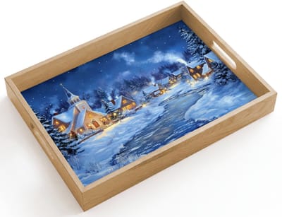 Dienblad hout 40x30 cm - Schootdienblad - Winteravond - Kerstdorp - Donker - Borrelplank rechthoek - Plateau dienbladen