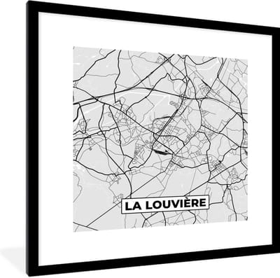 Fotolijst incl. Poster Zwart Wit- Zwart Wit – België – Plattegrond – Stadskaart – Kaart – La Louvière - 40x40 cm - Posterlijst