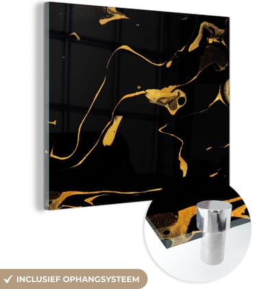 MuchoWow® Glasschilderij 50x50 cm - Schilderij acrylglas - Patronen - Verf - Goud - Zwart - Foto op glas - Schilderijen