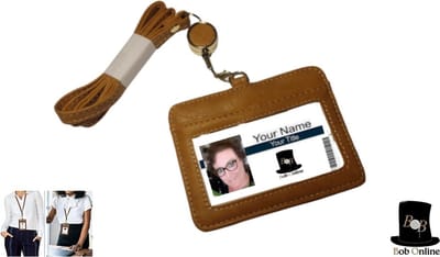 Bob Online ™ - 1 Stuk – Bruin – Horizontaal – ID-Badgehouder met Uittrekbare Lanyard – Brown PVC Leather Horizontal ID Badge Holder with Retractable PVC Leather Lanyard – ID Jojo Uittrekbare Nekkoord – ID-kaarthouder met Bijpassende Lanyard