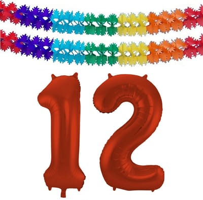 Folat Verjaardag Leeftijd folieballon - 12 jaar - rood - 86 cm - cijferballon groot - incl 2x feestslingers