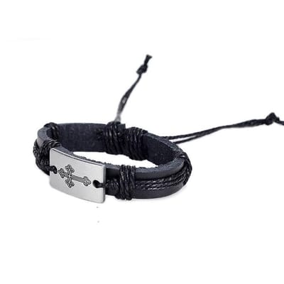 Aramat Jewels | Armbanden | Zwarte Lederen Armband met Kruis – Verstelbaar 21cm Heren & Dames | | | |16mm | Leer | Volwassenen | Verkleurd niet