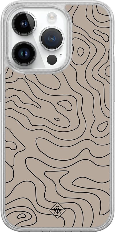 Casimoda® hoesje - Geschikt voor iPhone 14 Pro - Abstract Lines - 2-in-1 case - Schokbestendig - Geometrisch patroon - Verhoogde randen - Bruin/beige, Transparant