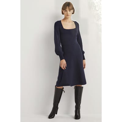 Boden Square Neck Knitted Dress Nav Maat: 10P | Midi Jurken Outlet | Dames | Blauw