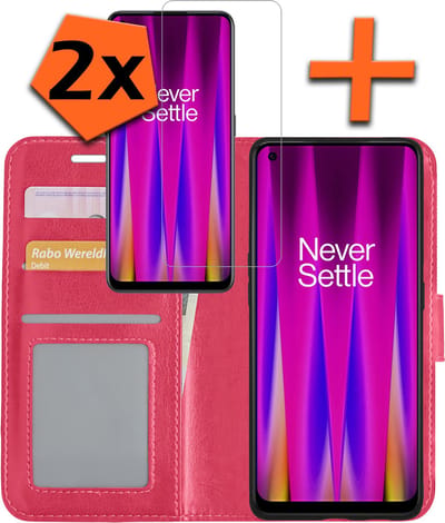 Hoes - Met 2x Screenprotector - Geschikt voor OnePlus Nord CE 2 - Luxe Pasjeshouder - Bookcase Portemonee - Flip Case - Kunstleer Book Case - Flipcase Hoes - Book Cover - Walletcase - PortemonneeHoes - Donkerroze