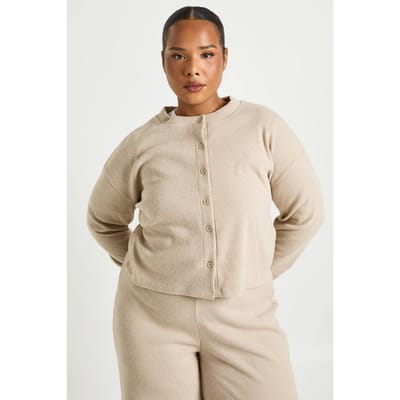 boohoo Dames Plus-knop Voorkant Gebreide Zachte Rib-top | Steen | Maat: 50