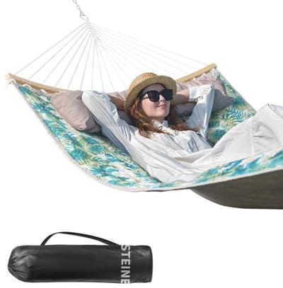 Dubbele hangmat voor 2 personen, gewatteerde stof, 335 cm, buitengebruik, met kussen, opvouwbaar, met spreidstang, inclusief draagtas, maximaal 204 kg