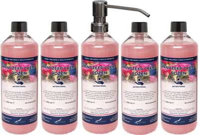 Handzeep Crème Rozen 500 ml - set van 5 stuks - met gratis RVS zilverkleurige pomp - Voordeelverpakking
