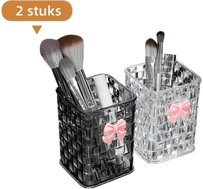 2-delige bureau-opbergdoos - Rietstructuur - Luxe plank - Organizer voor lippenstift en cosmetica - Strikdecoratie - Doorzichtig wit + Doorzichtig zwart