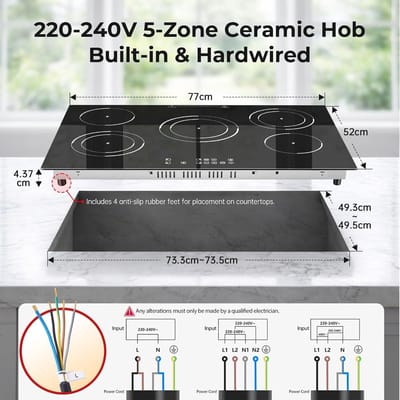 Keramische Kookplaat - Inbouwkookplaat Elektrische Kookplaat - Koken en Bakken - Vijf Kookzones - 77 cm - Matzwart