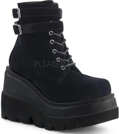 Shaker-52 plateau sleehak enkellaars met riempjes fluweel zwart - (EU 38 = US 8) - Demonia