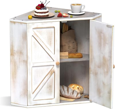 SnelShoppen - Bamboe Broodtrommel Hoek 2 Etages - Grote Broodtrommel voor Keuken - Bamboe Hoekbroodtrommel - 31 x 31 x 42 cm - Modieus Wit voor Aanrec