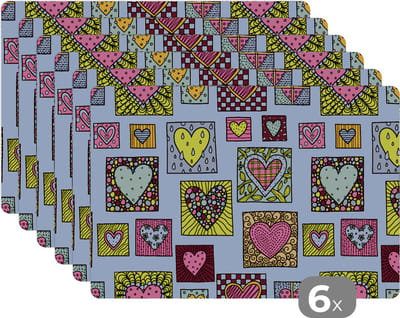 Placemat - Placemats kunststof - Bohemian - Hartjes - Doodle - Patronen - 45x30 cm - 6 stuks - Hittebestendig - Anti-Slip - Onderlegger - Afneembaar