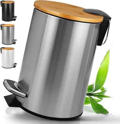 Cosmetica-emmer met bamboedeksel en softclose-mechanisme - 5 Liter, Zilver