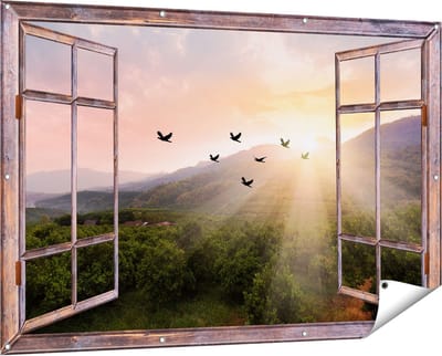 Gards Tuinposter Doorkijk Silhouet Zwerm Vogels bij Zonsondergang - 150x100 cm - Tuindoek - Tuindecoratie - Wanddecoratie buiten - Tuinschilderij