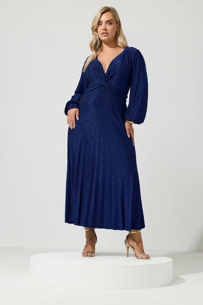 Yours London Kobaltblauwe Metallic Geplooide Maxijurk Met Knoop Size 42