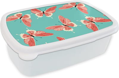 Broodtrommel Wit - Lunchbox - Brooddoos - Vlinders - Roze - Patroon - 18x12x6 cm - Volwassenen