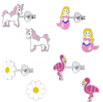 Joy|S - Zilveren oorbellen - 4 paar - Flamingo Eenhoorn Zeemeermin Bloem - kinderoorbellen