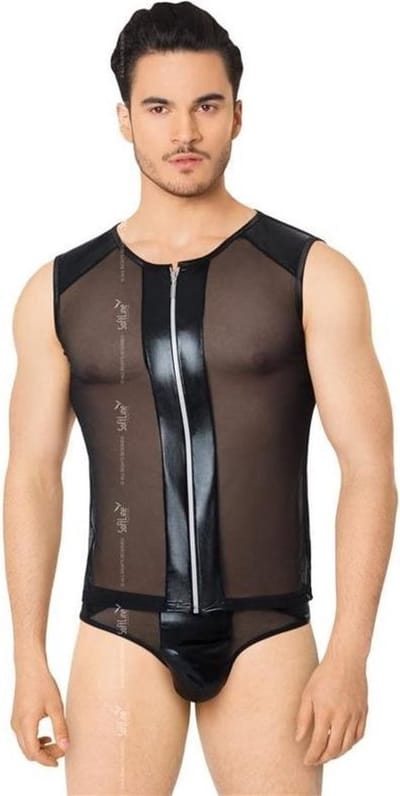 Netstof heren shirt en string met wetlook details zwart XL