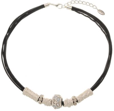 Behave - Korte ketting met 6 rijen waxkoord, zwart-mat zilverkleur - 44 cm + verlengketting