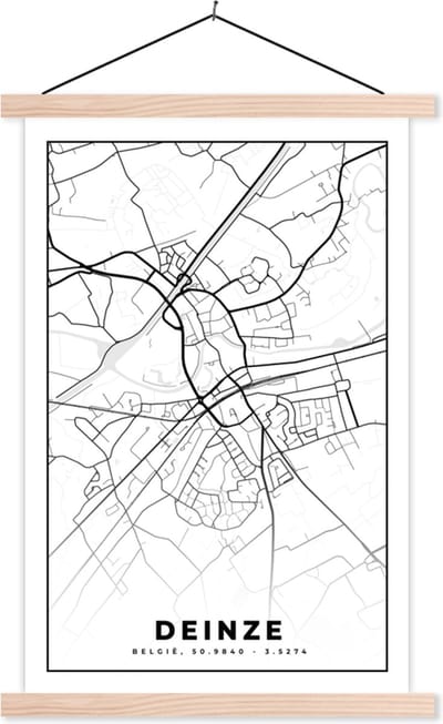 Posterhanger incl. Poster 40x60 cm - Schoolplaat - Stadskaart – Zwart Wit - Kaart – Deinze – België – Plattegrond - Textielposter - Blanke latten - Stadskaart