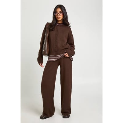 boohoo Dames Crew Neck Gebreide Boxy Cardigan en Wijde Broek Co-Ord | Chocolate | Maat: Small