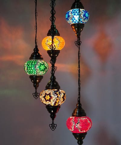 Turkse Lamp - Hanglamp Mozaïek - Kroonluchter 5 bollen - Multicolour en handgemaakt