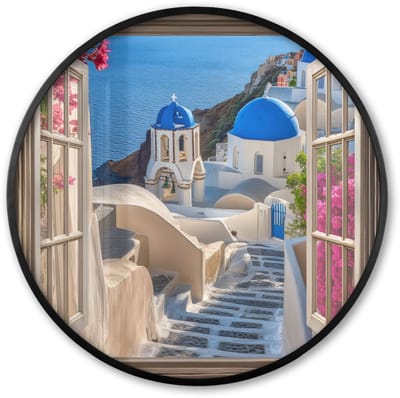 Poster in lijst Rond - Fotolijst 60x60 cm - Posters - Doorkijk - Santorini - Landschap - Blauw - Grieks - Ronde posterlijst zwart - Decoratie - Wanddecoratie woonkamer - Muurdecoratie slaapkamer