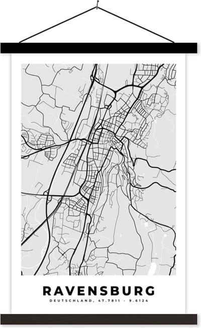 Posterhanger incl. Poster 40x60 cm - Schoolplaat - Plattegrond - Duitsland - Ravenburg - Kaart - Stadskaart - Textielposter - Zwarte latten - Stadskaart