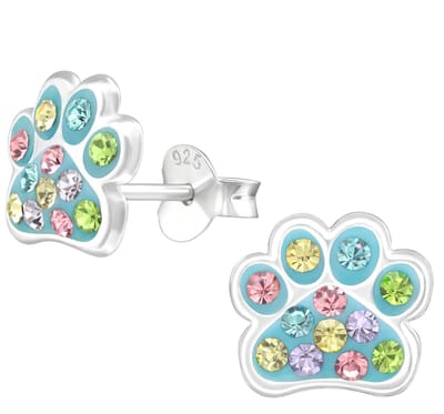 Joy|S - Zilveren kat hond dierenpoot oorbellen - 8 x 9 mm - blauw met kristal multicolor - poot afdruk oorknoppen voor kinderen